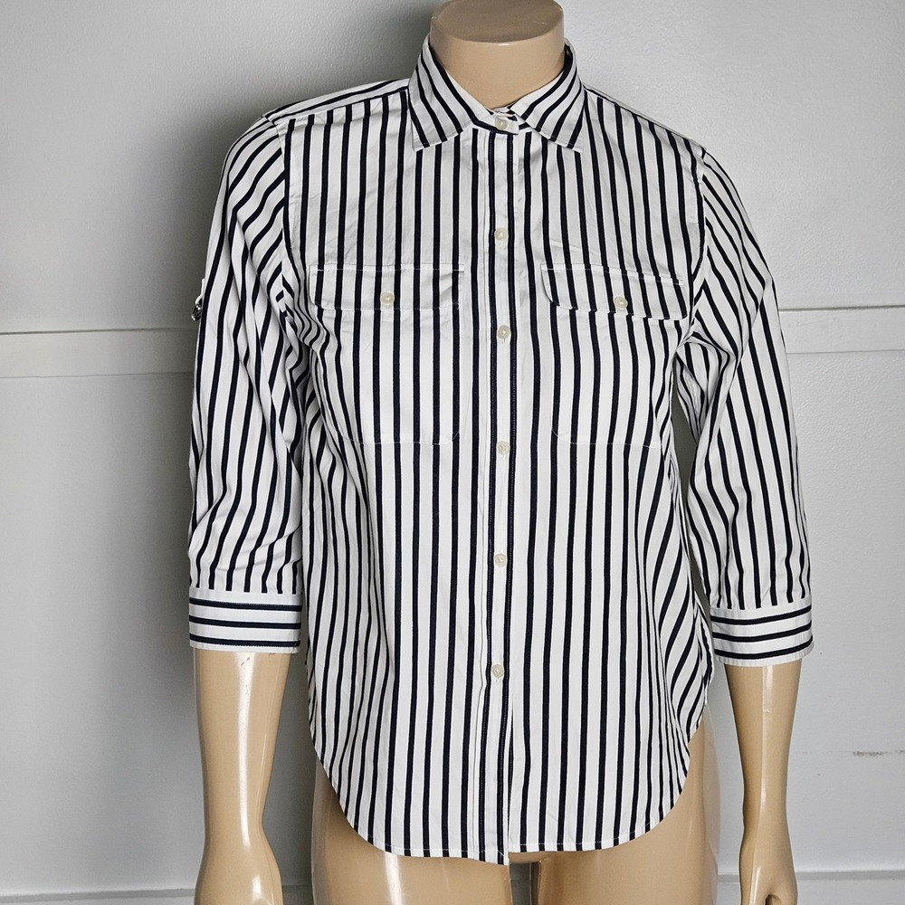 Lauren Ralph Lauren Navy White Striped Button Down Shirt D-Ring 3/4 Sleeve P/M